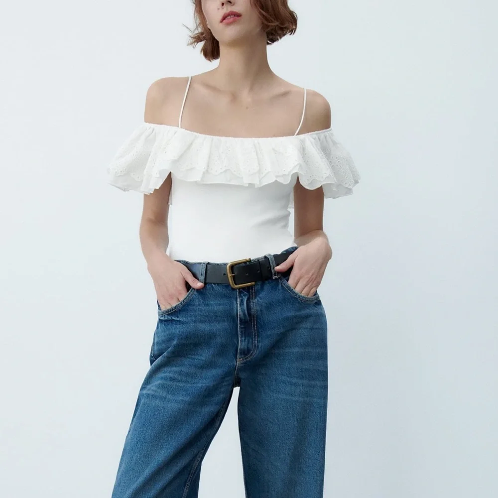 Zara matching bodysuit with embroidered ruffles white NWT - Picture 1 of 8